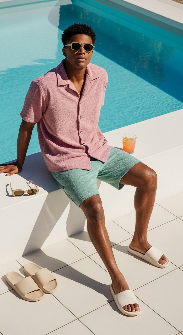 Man in terry cloth matching co-ord set lounging by minimalist swimming pool