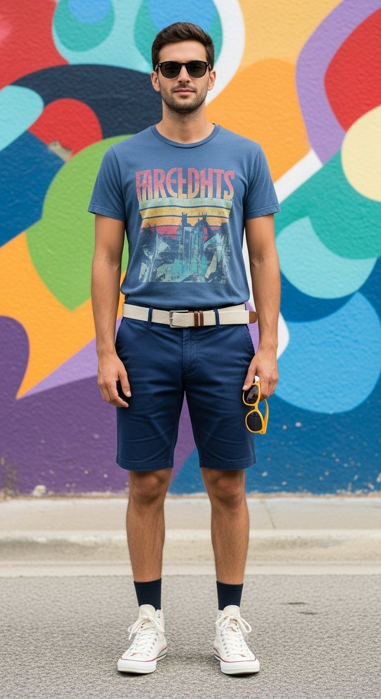 Man in vintage graphic t-shirt and navy chino shorts against colorful urban mural wall