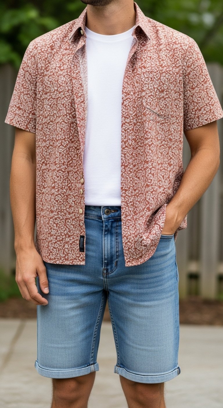 Man wearing floral print button-down over white t-shirt with light wash denim shorts in park setting