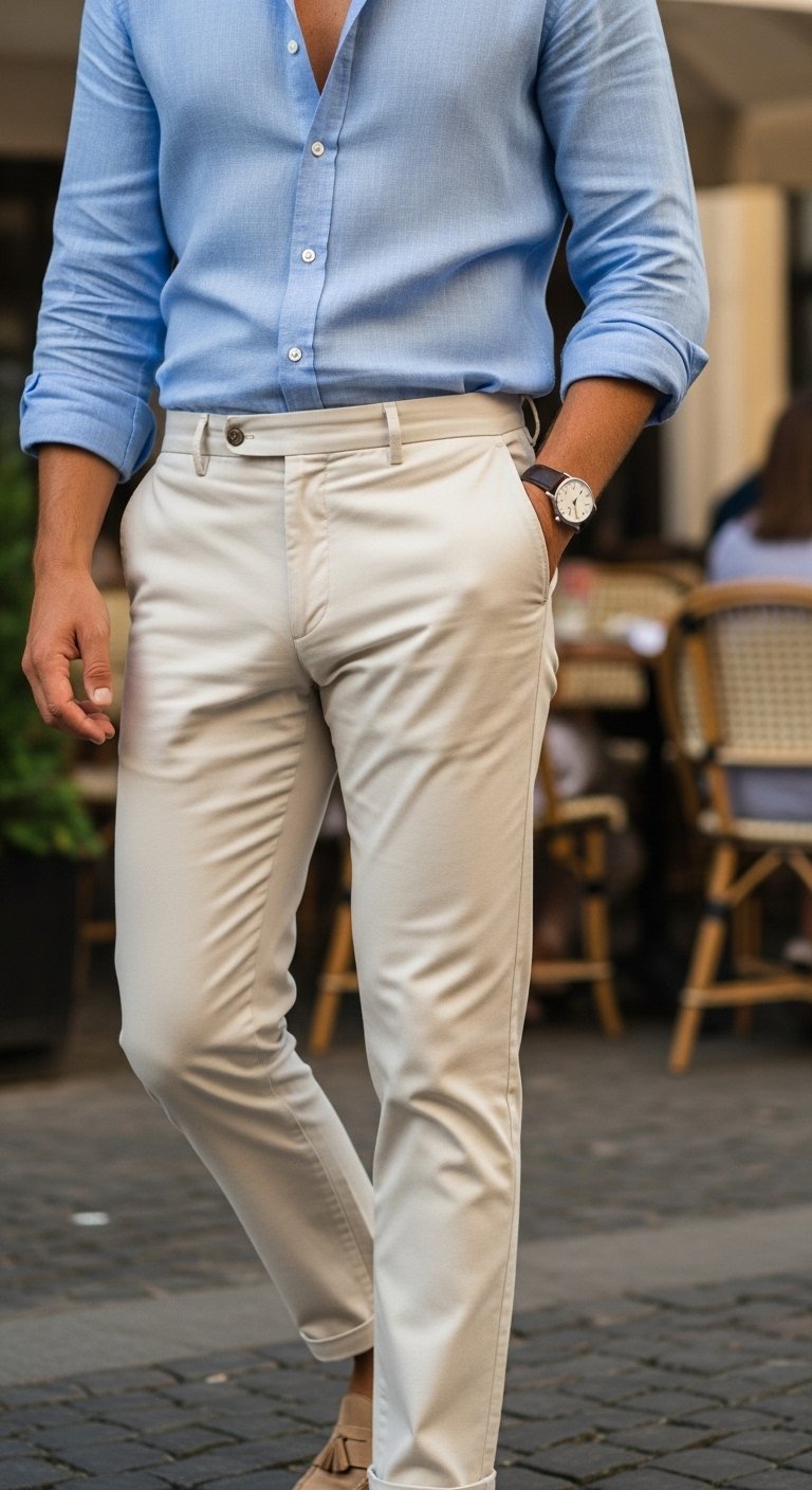 Man wearing light blue linen shirt and off-white chinos on European cobblestone street with golden hour lighting