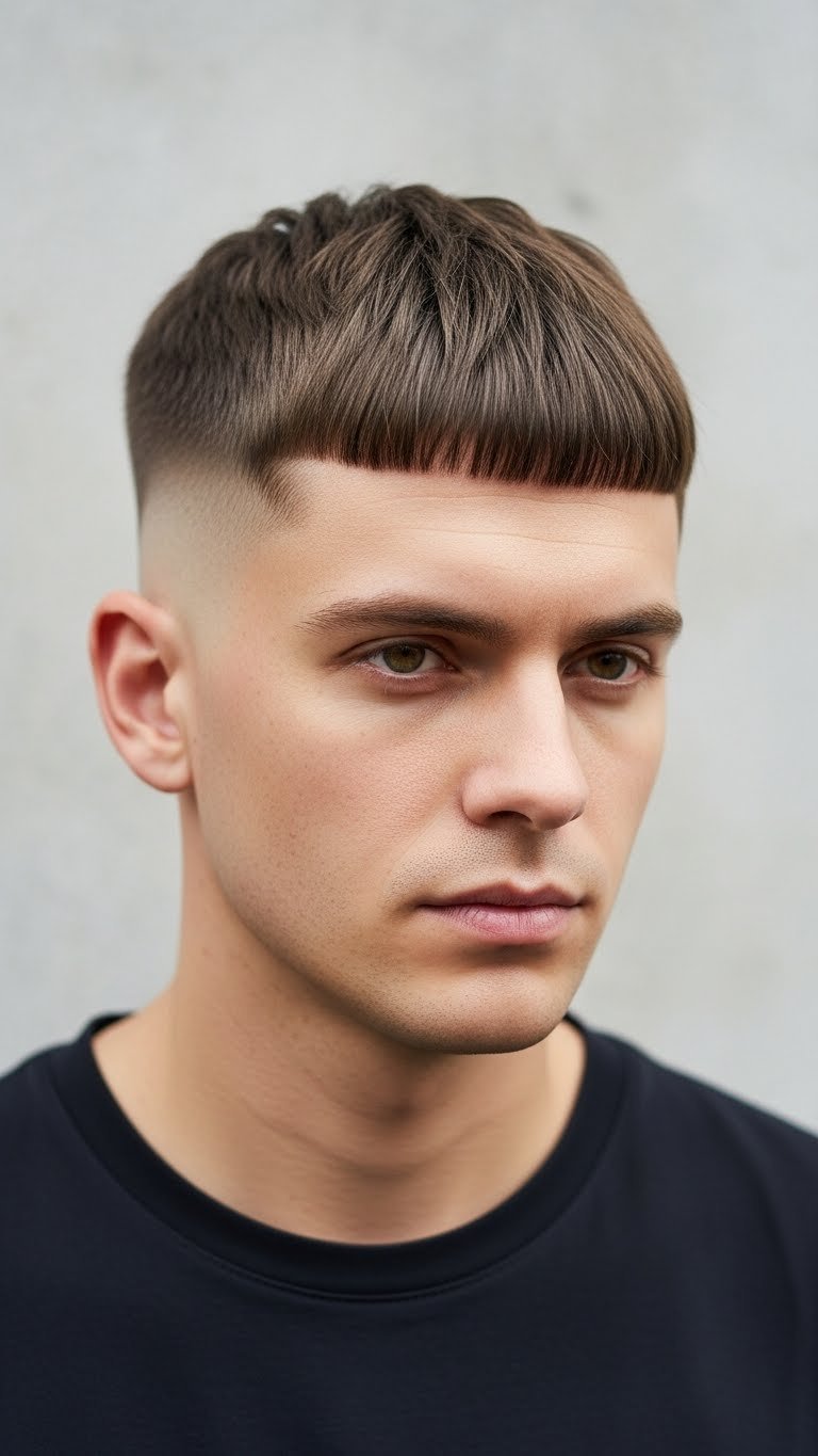 Man with french crop hairstyle featuring blunt sharp fringe in modern studio setting with even overcast illumination