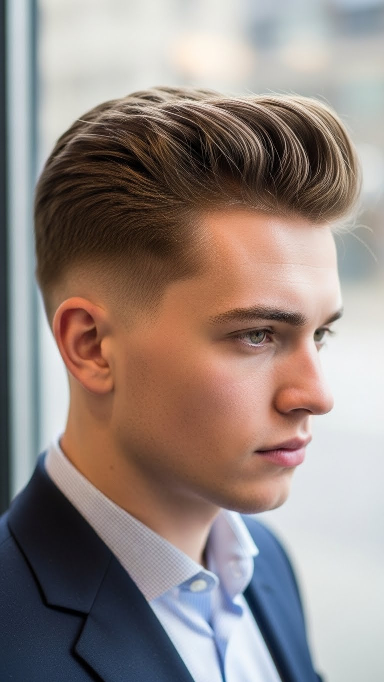 Man with oval face shape showcasing perfectly styled quiff haircut with modern fade in professional urban portrait.