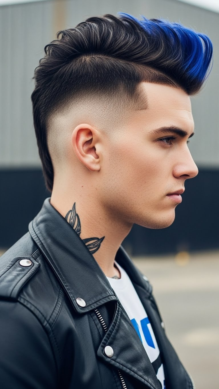 Man with round face shape modeling sharp faux hawk haircut with tapered sides in industrial urban setting.
