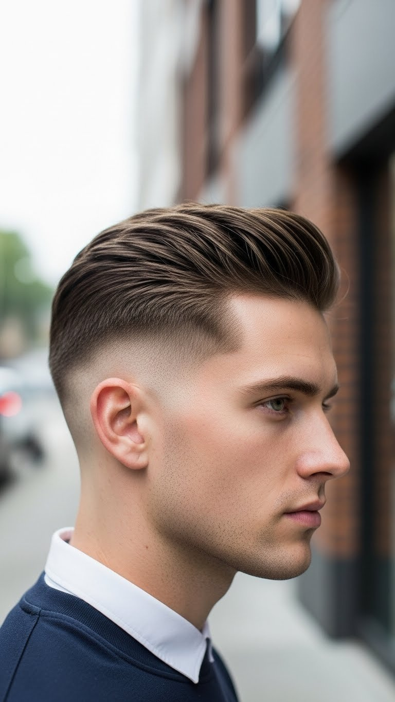 Man with square face shape displaying tapered fade haircut with swept-back top in minimalist urban portrait.
