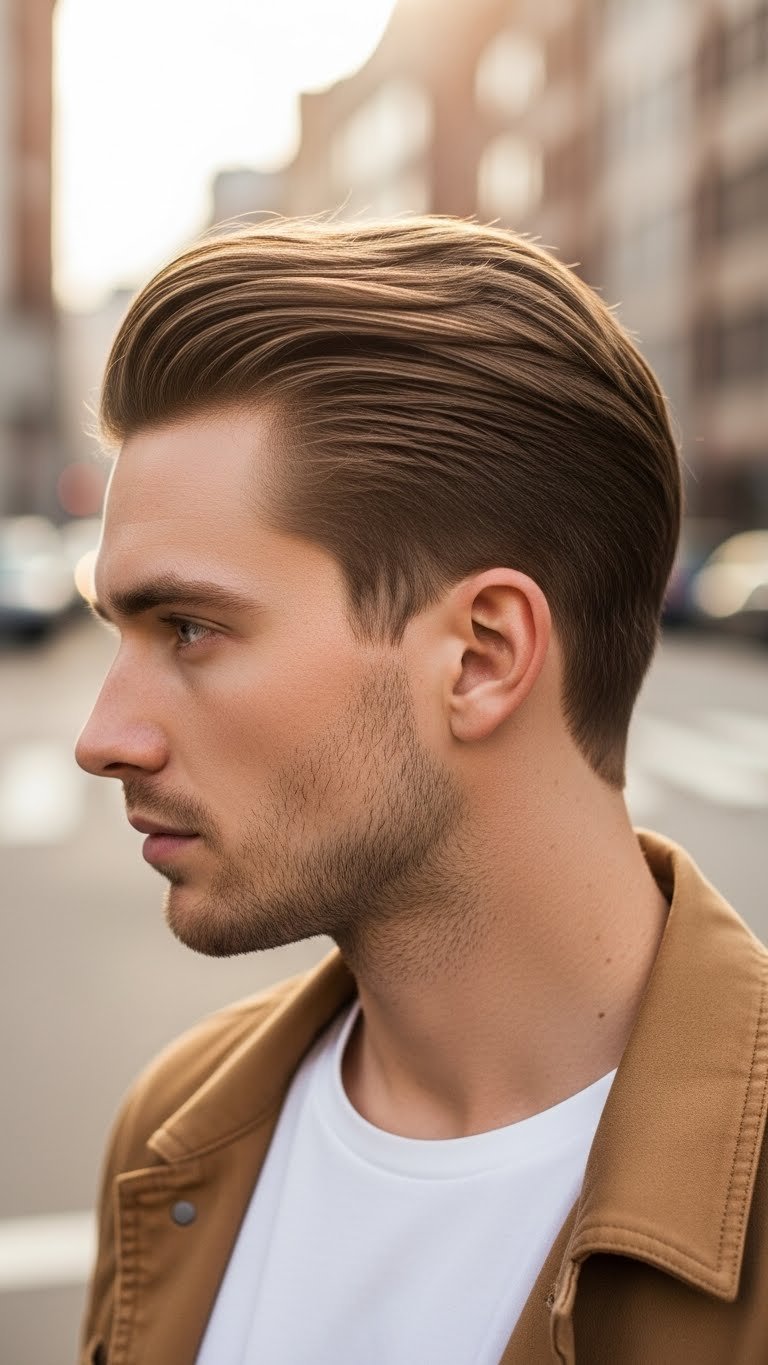 Man with textured slick back hairstyle featuring volume at crown against soft urban background