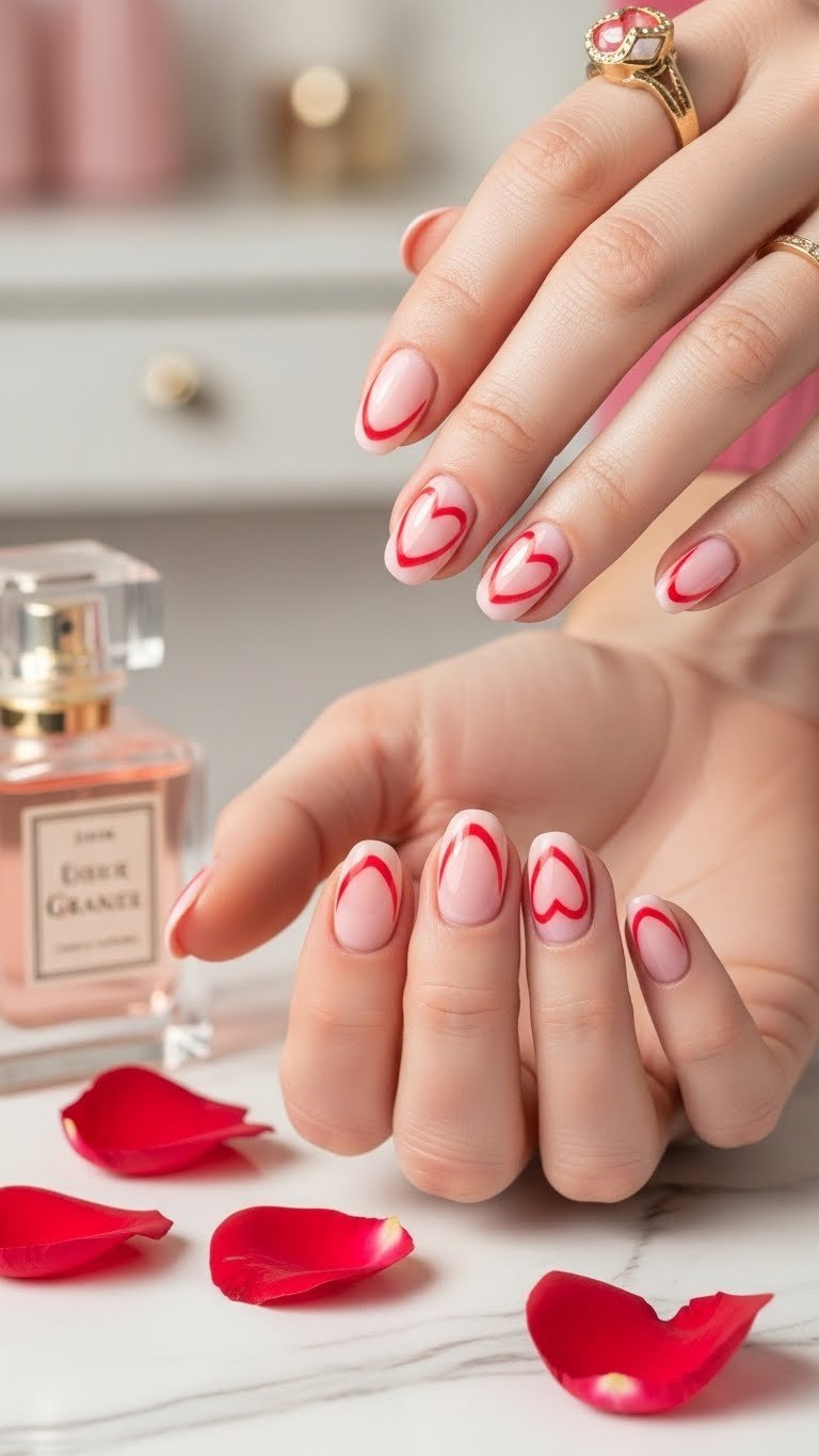 Manicured hand with oval nails showcasing soft pink-to-red ombre gradient within heart outline
