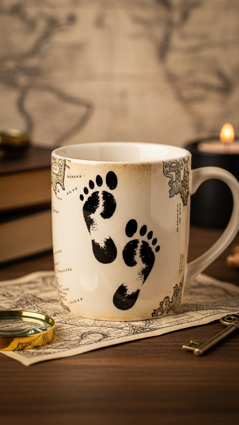 Marauder's Map footprints mug showing stylized black footprints walking across parchment-textured ceramic surface