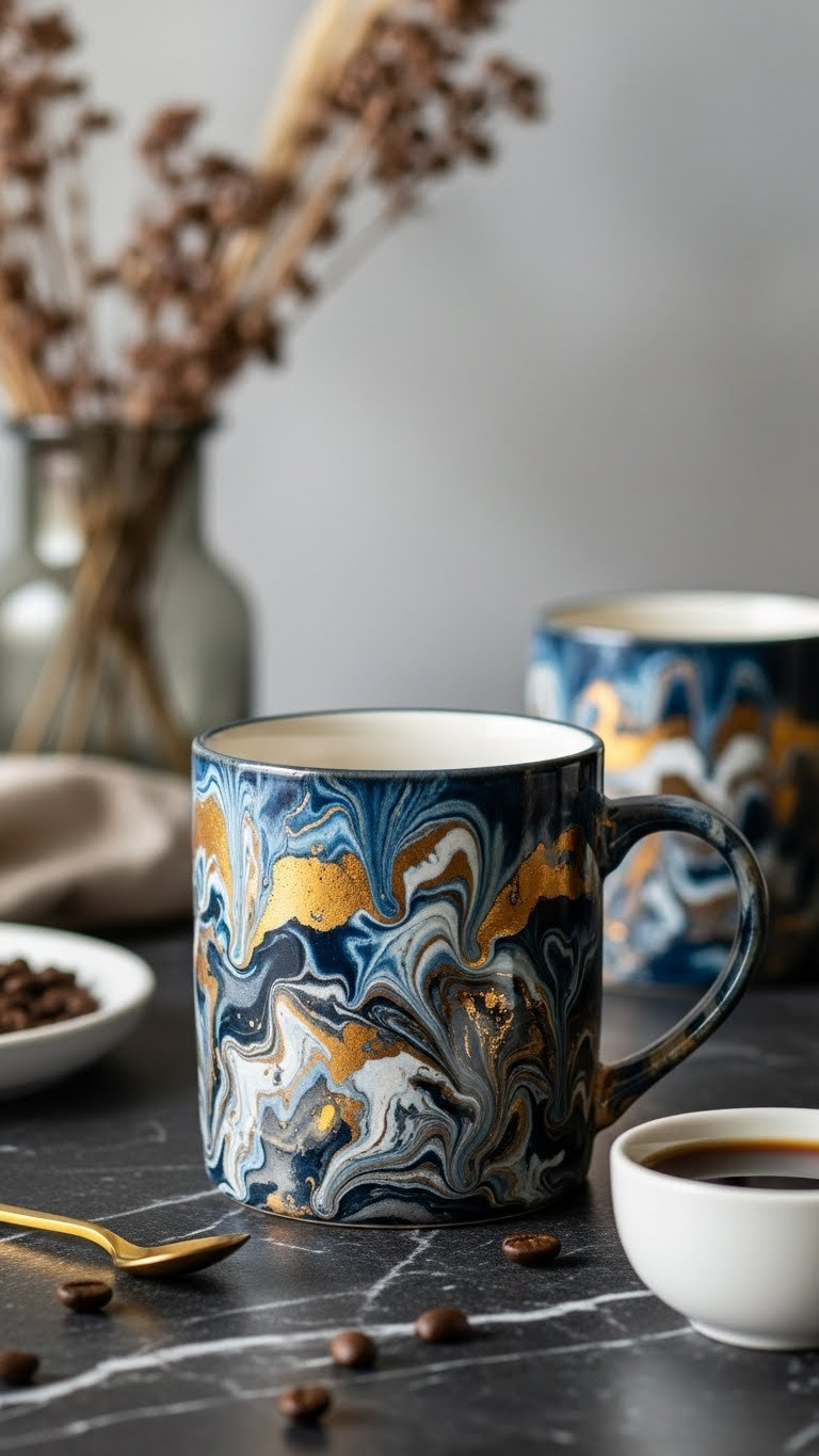 Marbled effect ceramic mug with swirling gold and blue patterns on dark marble countertop