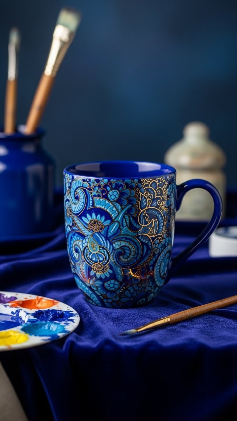 Masterpiece hand-painted blue ceramic mug with intricate artistic patterns against velvet background