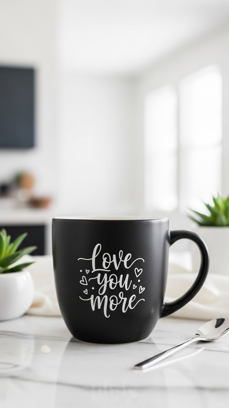 Matte black ceramic mug with elegant white script 'Love You More' lettering on marble countertop with succulent plant in daylight.