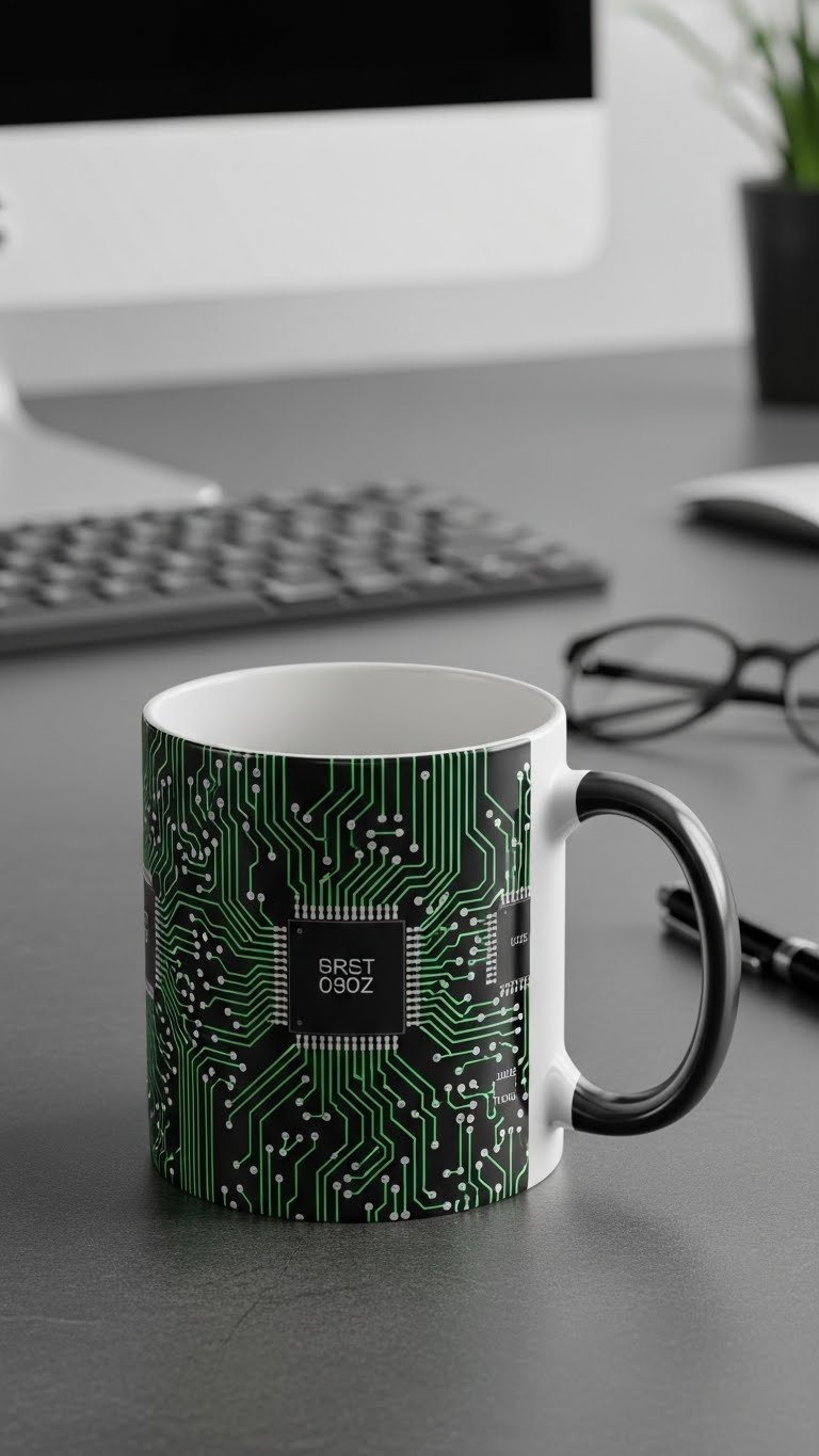 Matte black ceramic mug with intricate green circuit board design and silver traces on dark gray stone surface