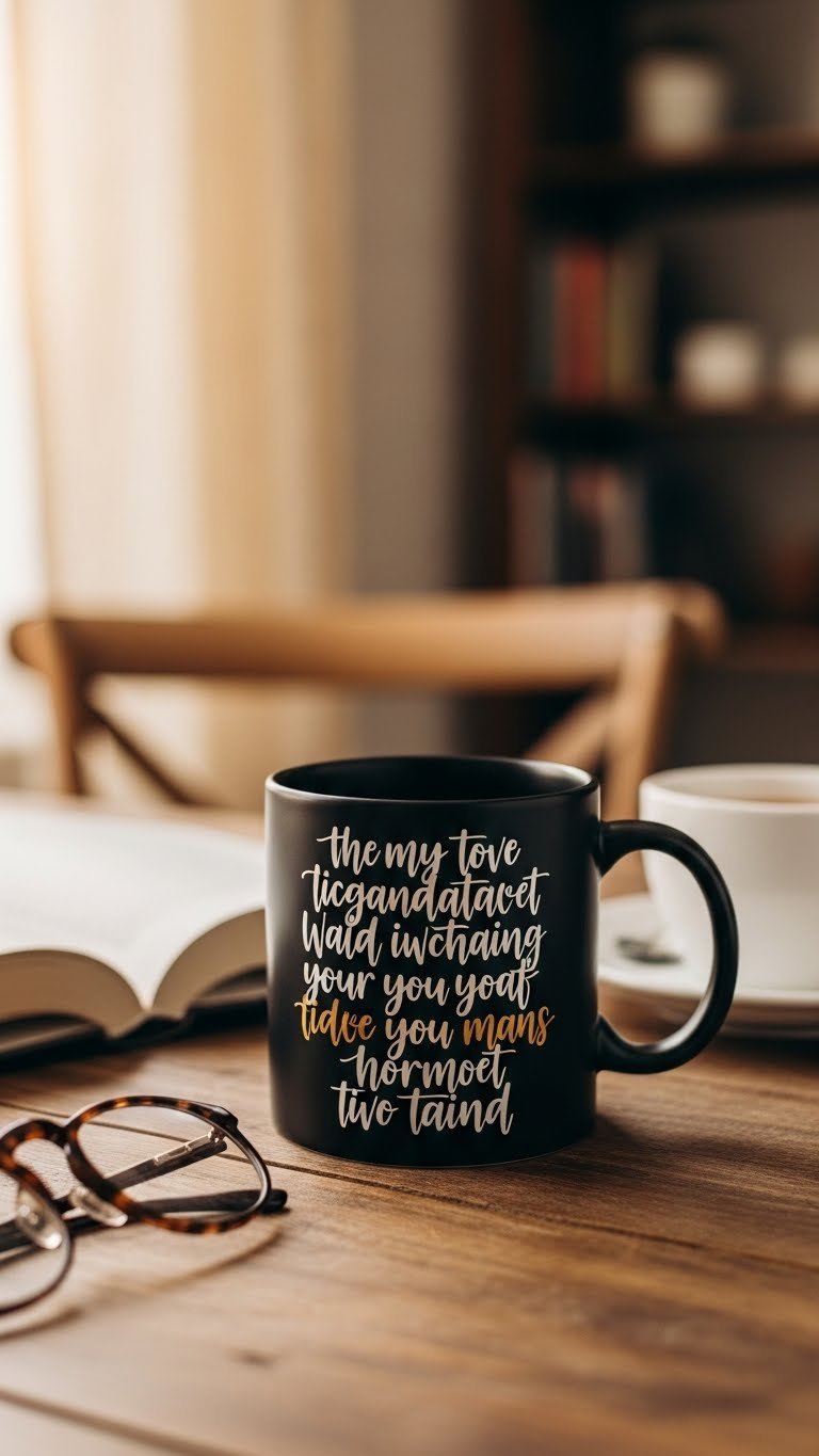 Matte black ceramic mug with personalized gold lettered quote on rustic wooden table