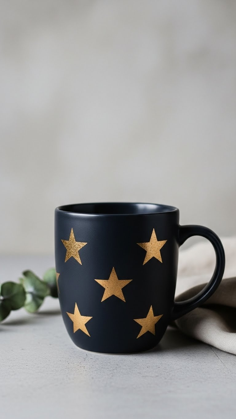 Matte black ceramic mug with stenciled golden stars on concrete slab with dried eucalyptus accent