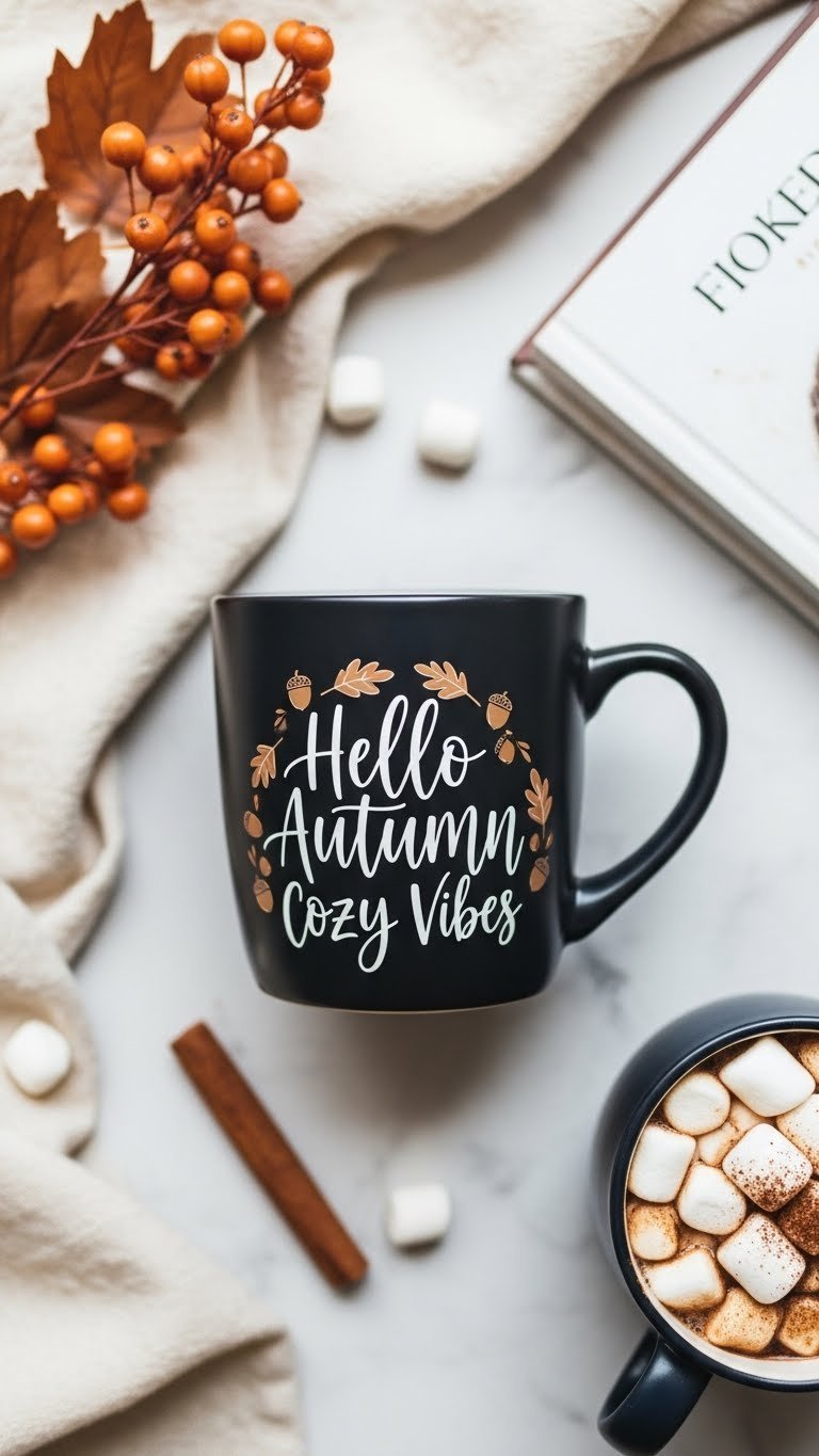 Matte black ceramic mug with white calligraphy fall quote and acorn accents on marble countertop