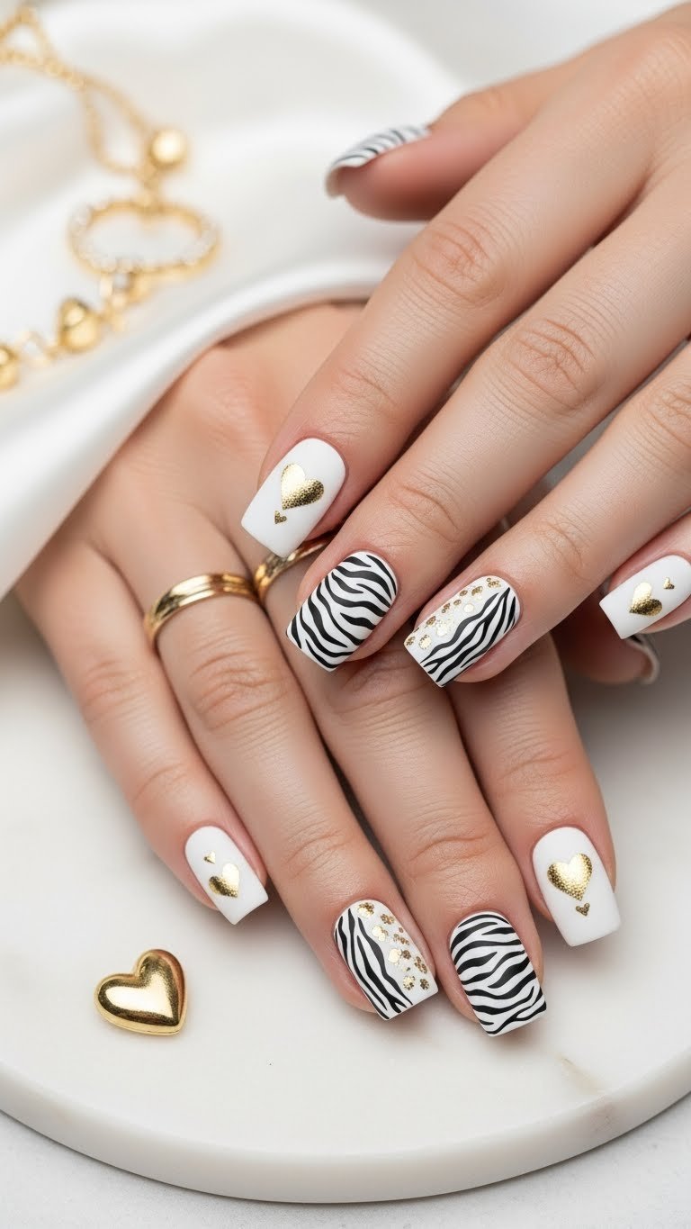 Matte white zebra print nails with gold foil accents displayed on white marble slab with gold jewelry