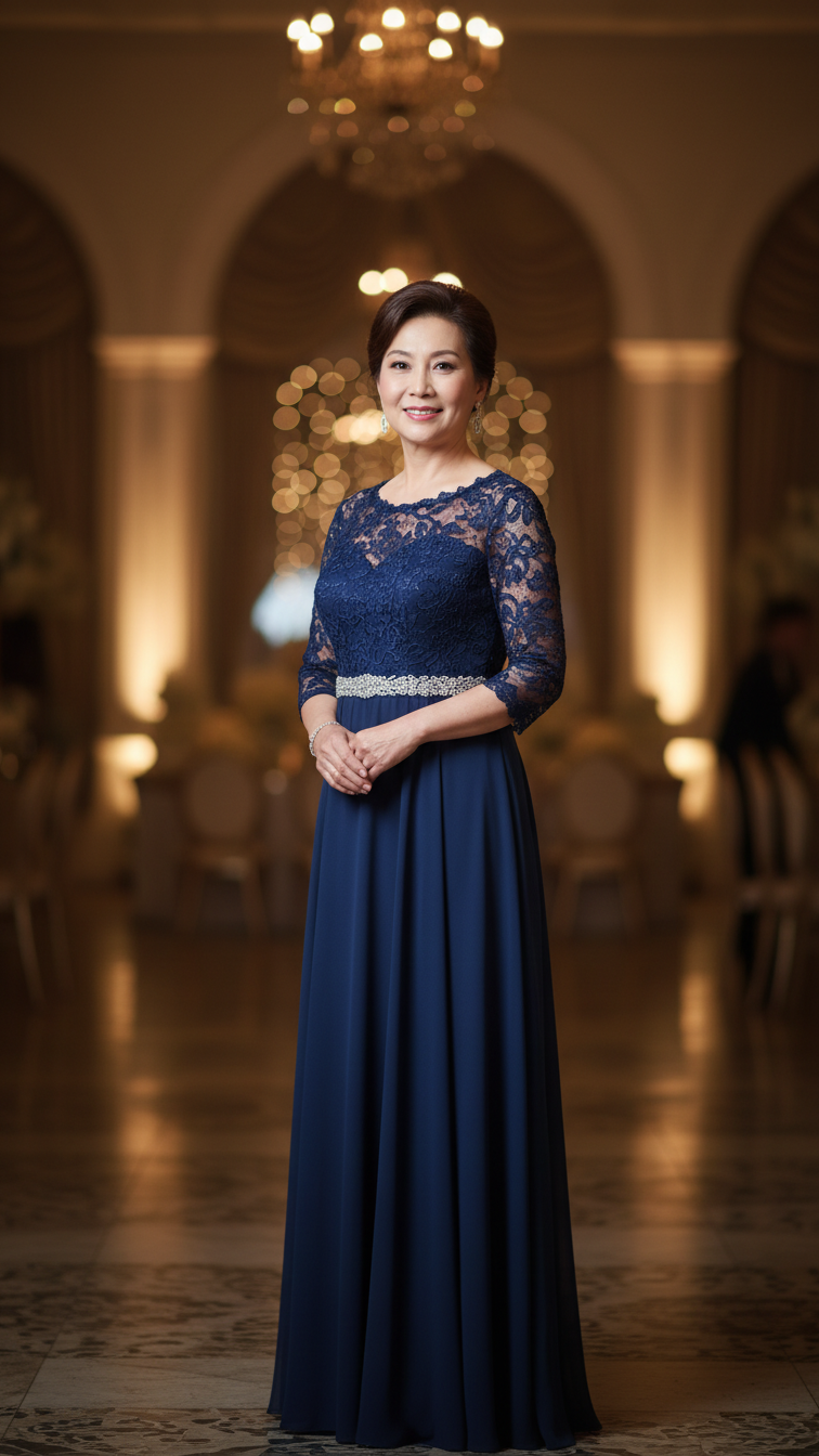 Mature woman wearing navy blue floor-length lace gown with beaded belt at elegant event.