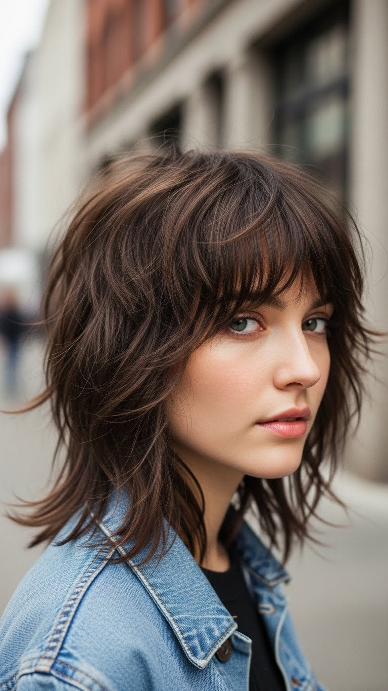 Medium close-up of model with round face featuring modern shaggy haircut with choppy layers in urban setting