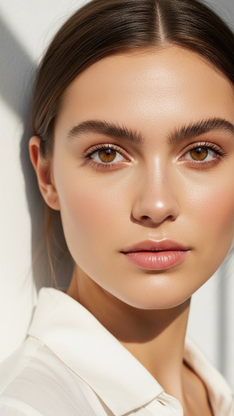 Medium close-up of woman's face with natural no-makeup makeup look featuring radiant complexion and subtle enhancement