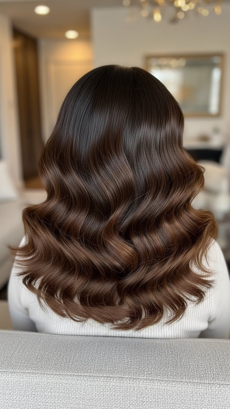 Medium length Arab hair styled in voluminous textured waves cascading with natural shine against soft bokeh background
