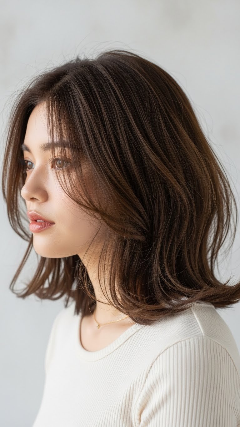 Medium length Korean Hush Cut hairstyle with layered shoulder-length hair softly framing the face in natural window light against neutral textured background.