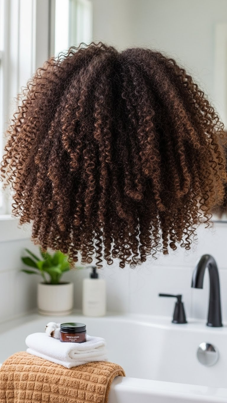 Medium length Latina hair with defined natural curls showcasing bouncy frizz-free healthy texture