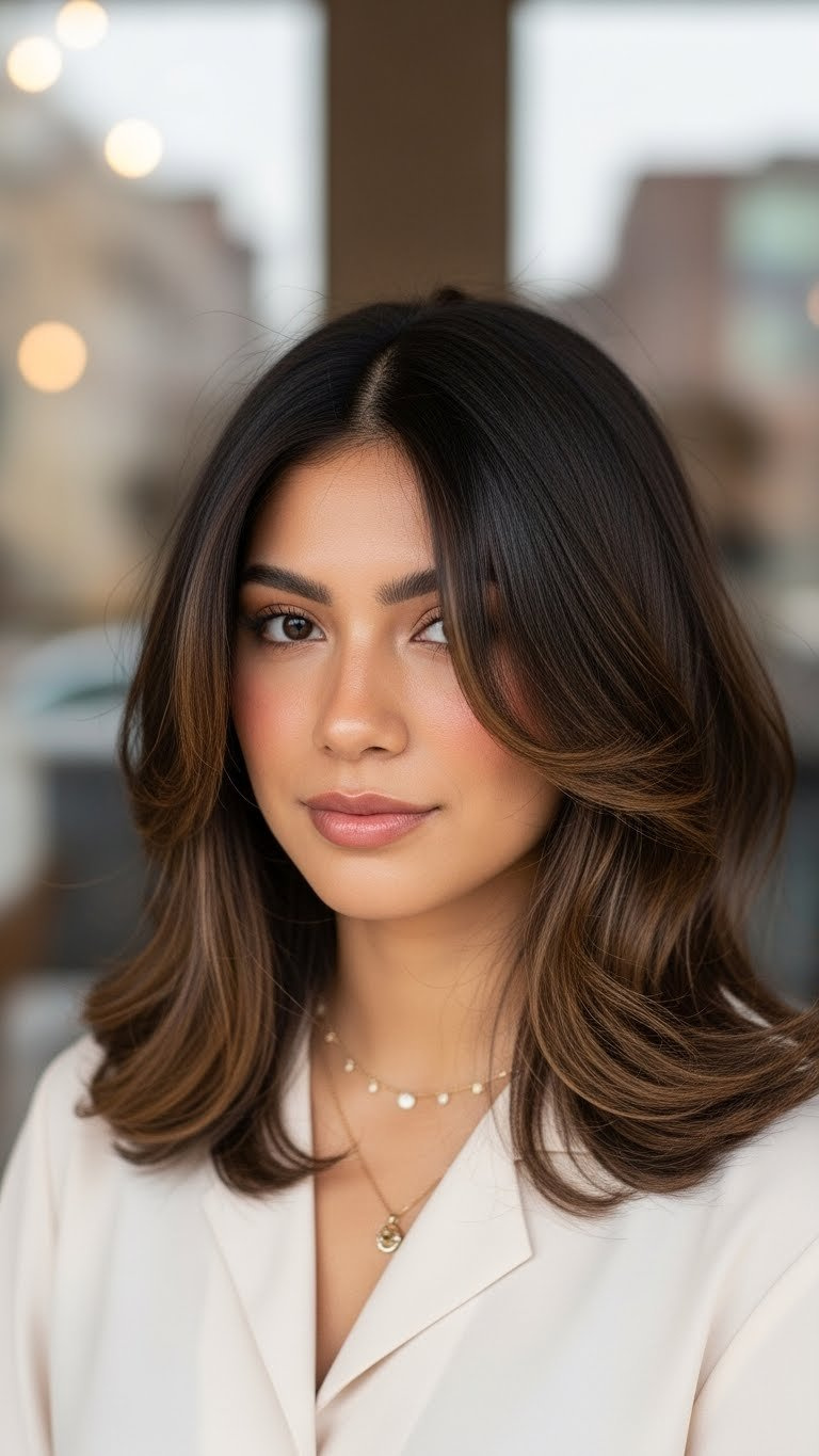 Medium length Latina hair with face-framing layers enhancing facial features with healthy bouncy texture