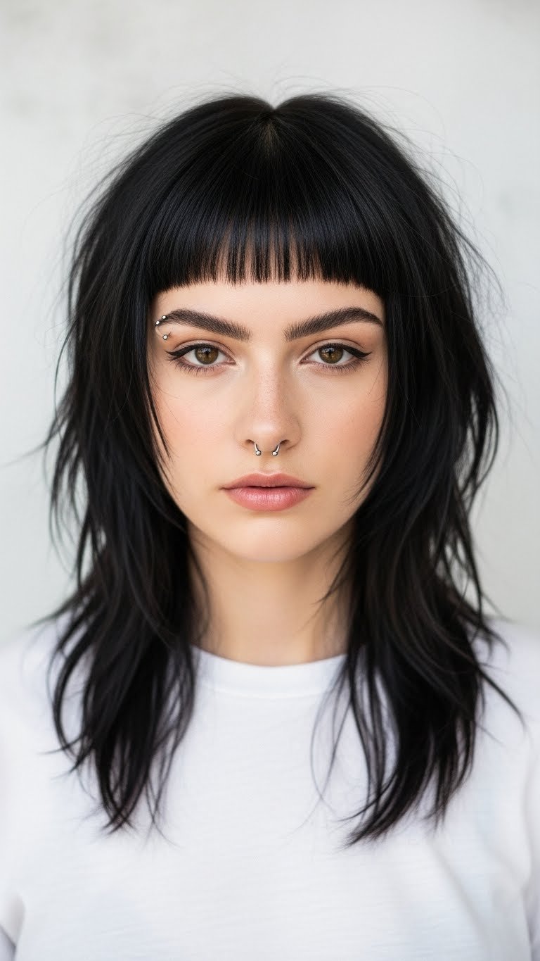 Medium length choppy layered hair with edgy bangs in minimalist studio setting with soft bokeh background