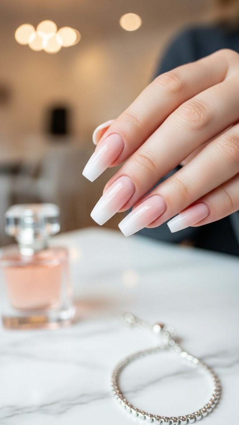Medium-length coffin acrylic nails with elegant white to pink ombre design on marble countertop with silver bracelet accents