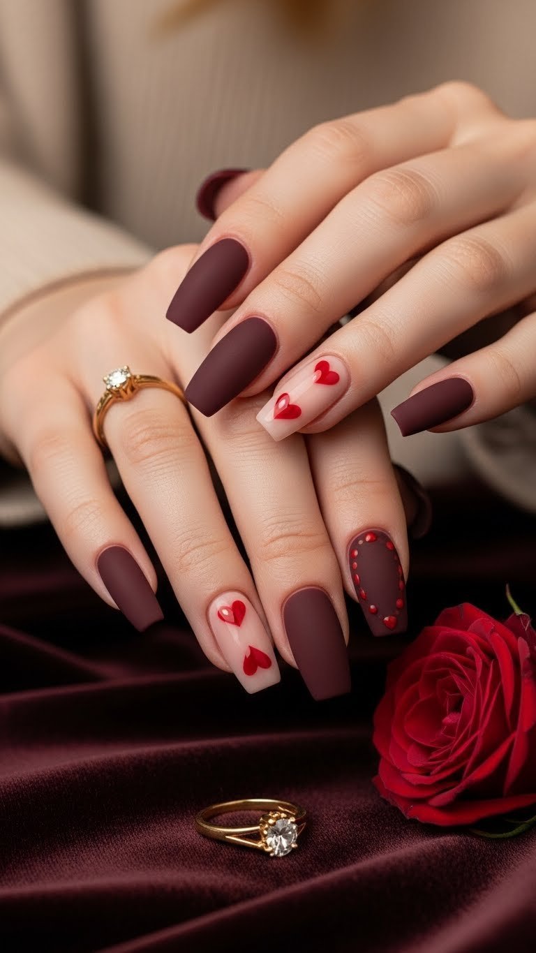Medium-length coffin nails in deep burgundy matte finish with glossy red heart outlines on dark velvet