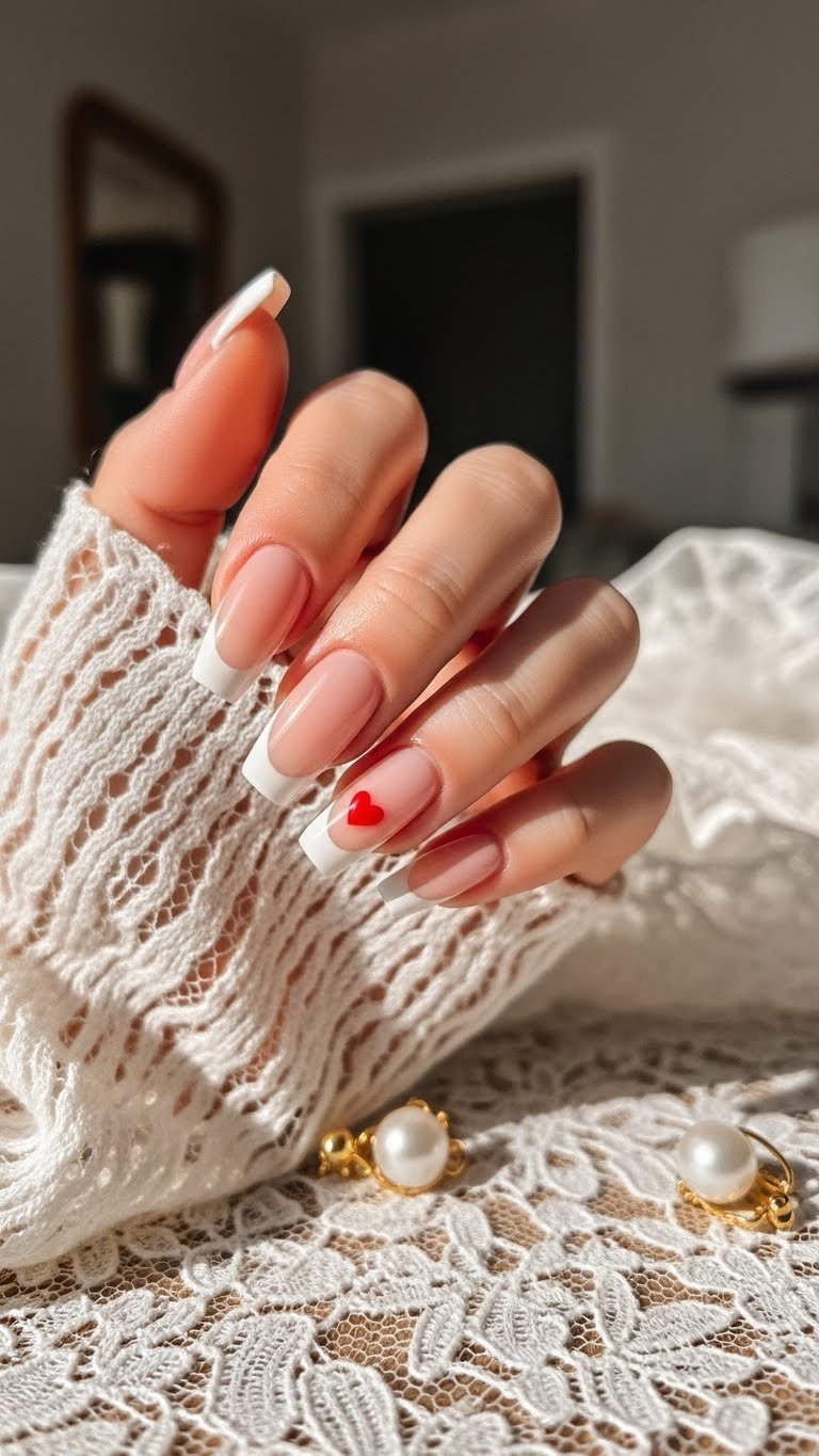 Medium-length coffin nails with classic nude pink base, crisp white French tips and subtle red heart decal
