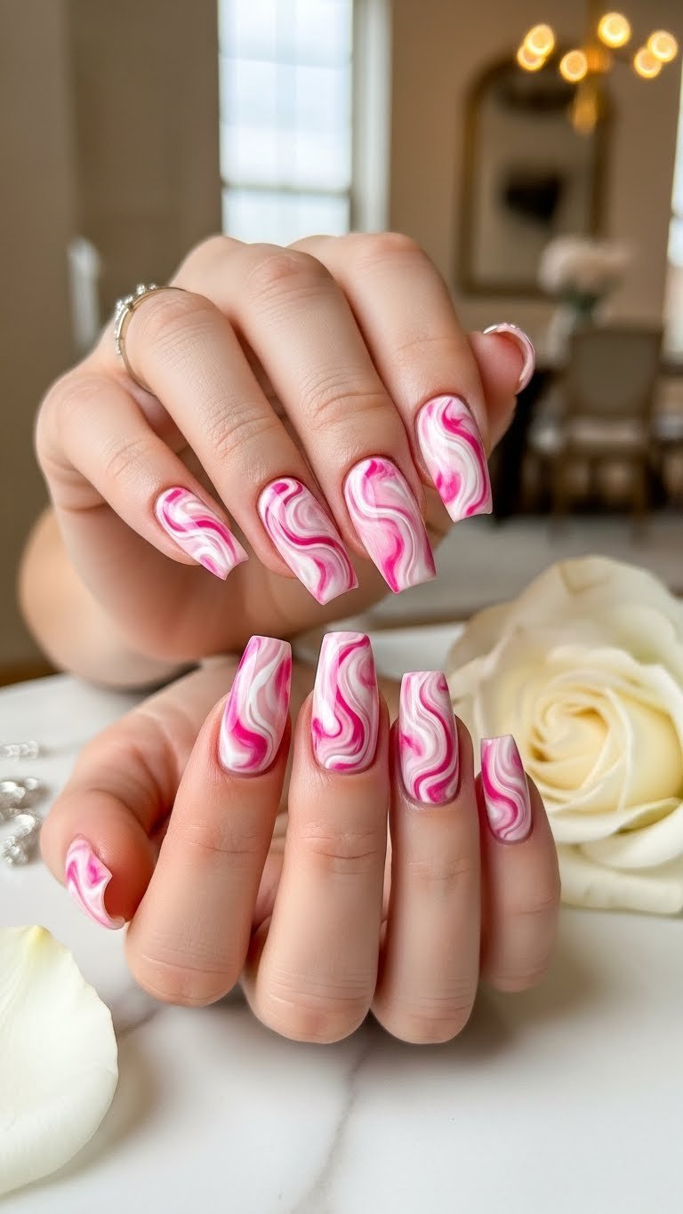Medium-length coffin nails with sophisticated pink and white marbled effect on white marble countertop
