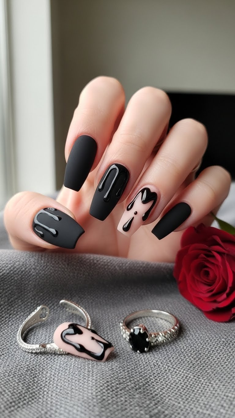 Medium-length coffin-shaped velvet matte black nails with glossy black abstract lines and hearts on dark grey linen cloth.