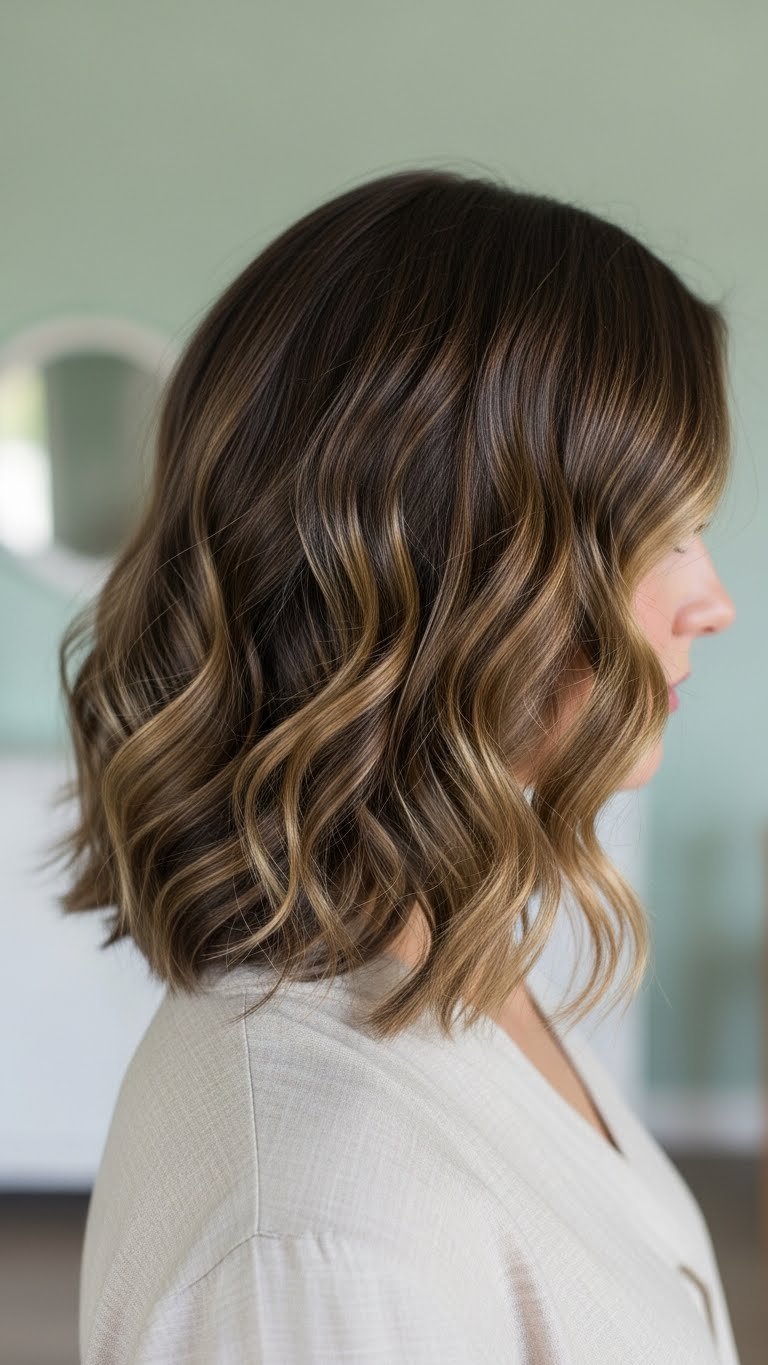 Medium length curly hair showcasing beautifully defined frizz-free waves with natural bounce against a soft pastel background.