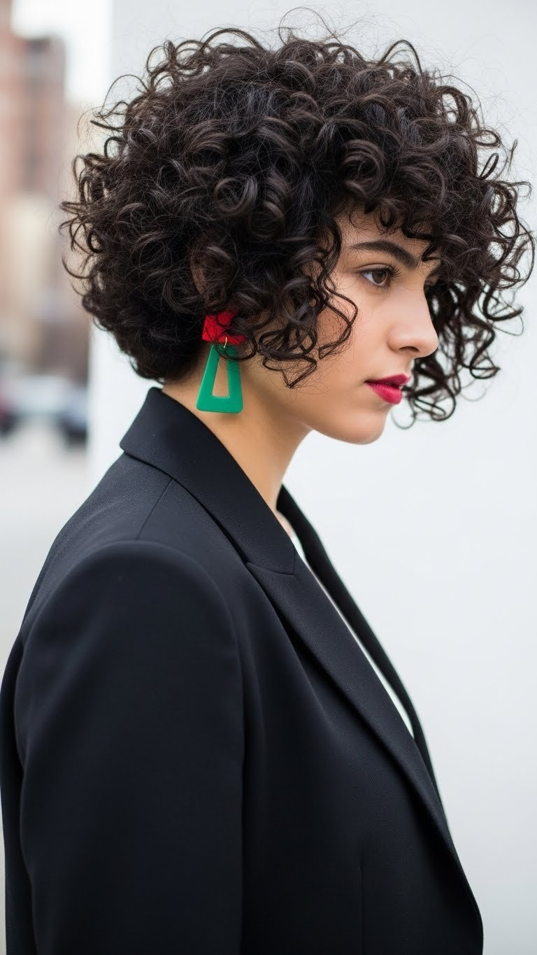 Medium length curly hair styled in a bold asymmetrical bob with noticeable length difference against a clean white background.