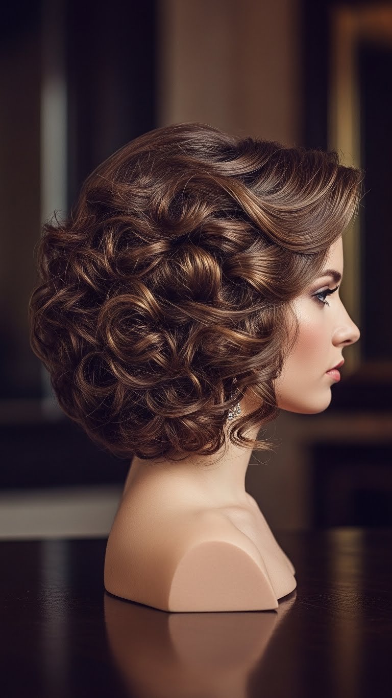 Medium length curly hair styled in a glamorous side-swept look with voluminous curls for special occasions against dark surface.