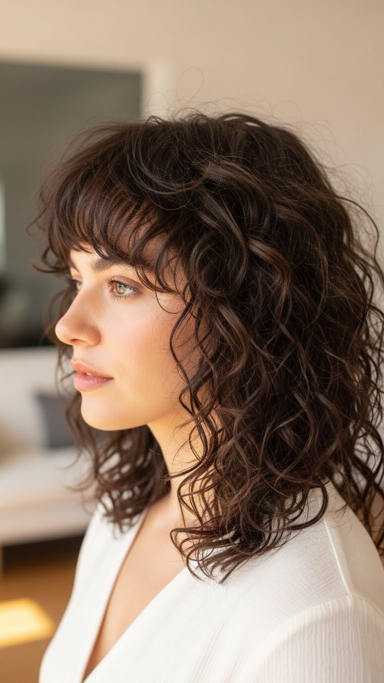 Medium length curly hair styled in a modern shag cut with soft feathery bangs and bouncy layers against a soft natural light background.