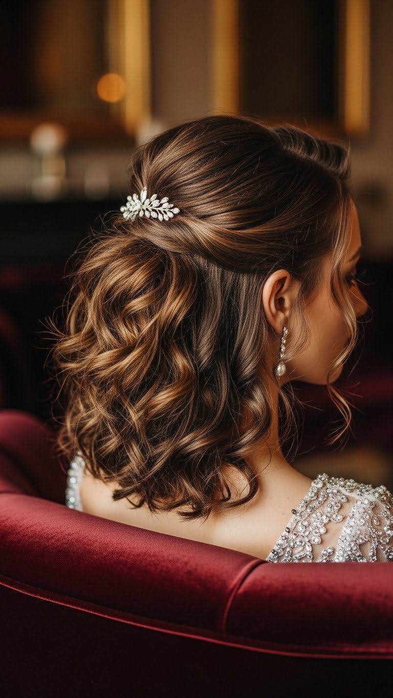 Medium length curly hair styled in an elegant half-up half-down updo with jeweled clip for formal events against dark velvet.