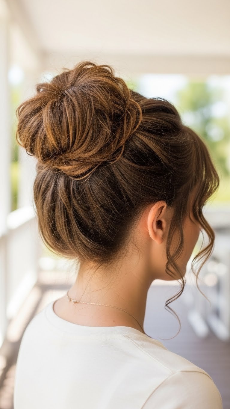 Medium length curly hair styled into a perfectly imperfect messy bun with escaping curls framing the face against light backdrop.