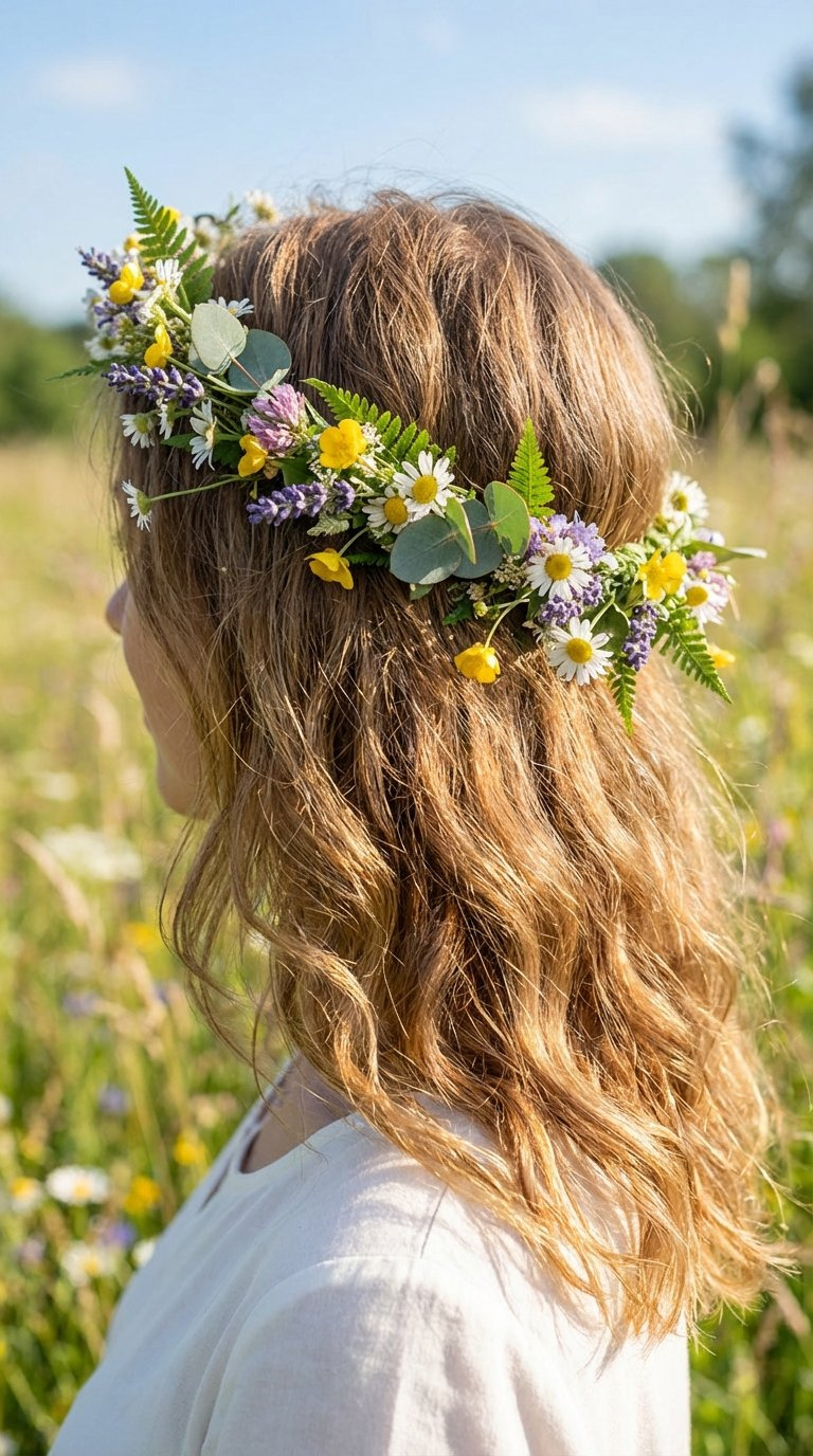 Medium length hair adorned with delicate flower crown made of wildflowers for dreamy hippie hair aesthetic