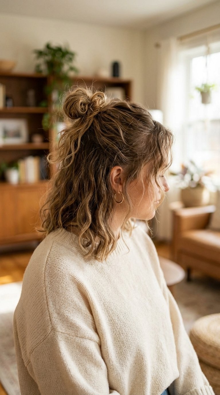 Medium length hair in messy half-up bun with face-framing pieces and relaxed hippie vibes styling