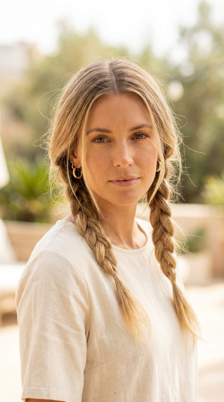 Medium length hair in soft pigtail braids with natural center part and hippie chic vibe