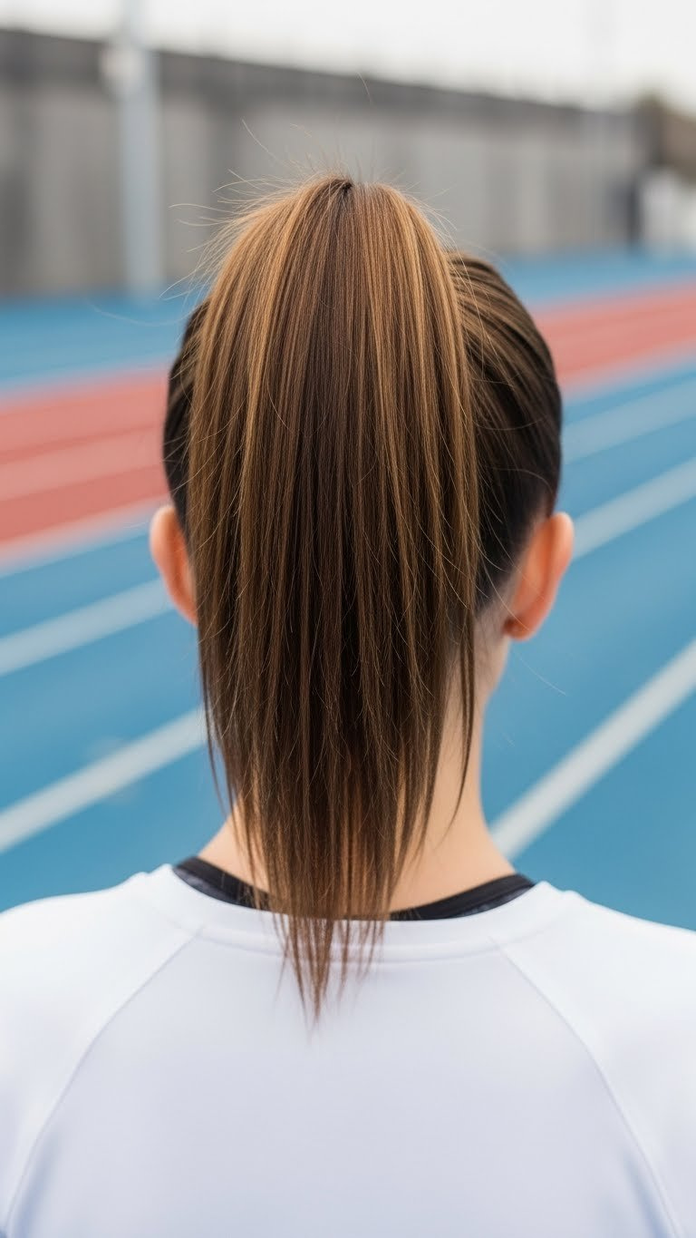 Medium length hair styled in a secure high ponytail with soft bokeh background in athletic gym setting for active women