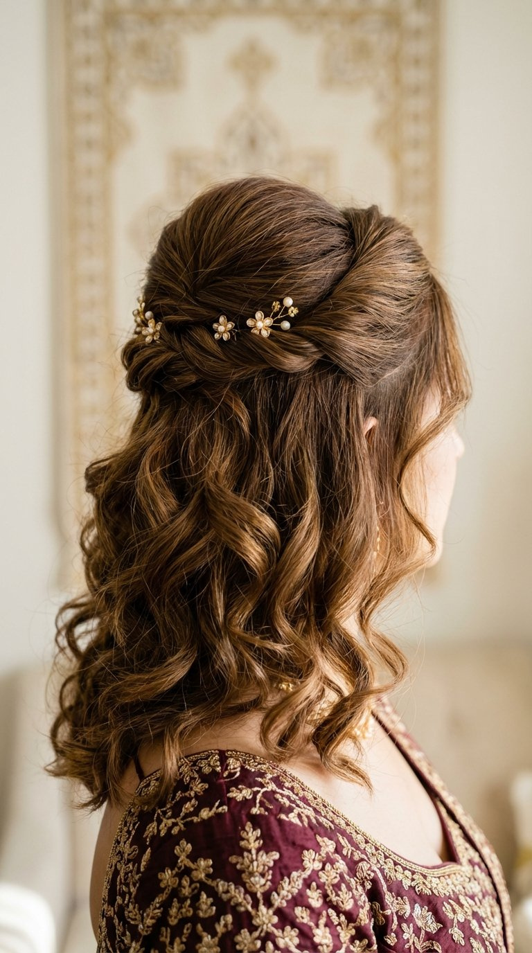 Medium length hair styled in a voluminous half-updo with twisted curls and soft bouncy texture for lehenga wedding hairstyle