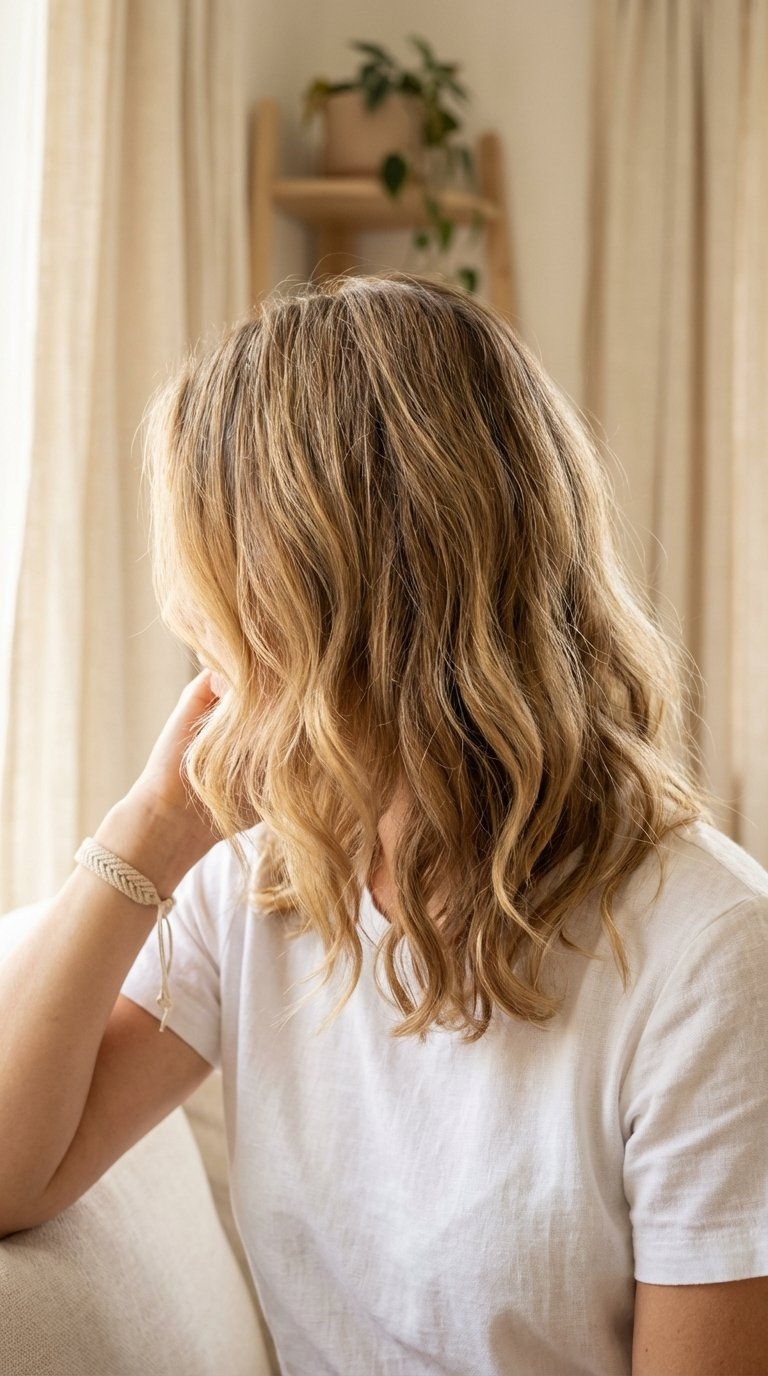 Medium length hair styled into natural beach waves with sun-kissed texture and bohemian vibe in soft natural light