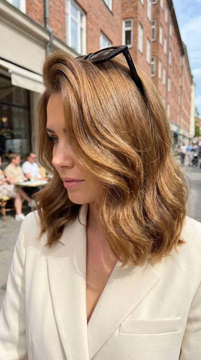 Medium length hair styled with deep side part creating instant volume and lift for fall hair trends