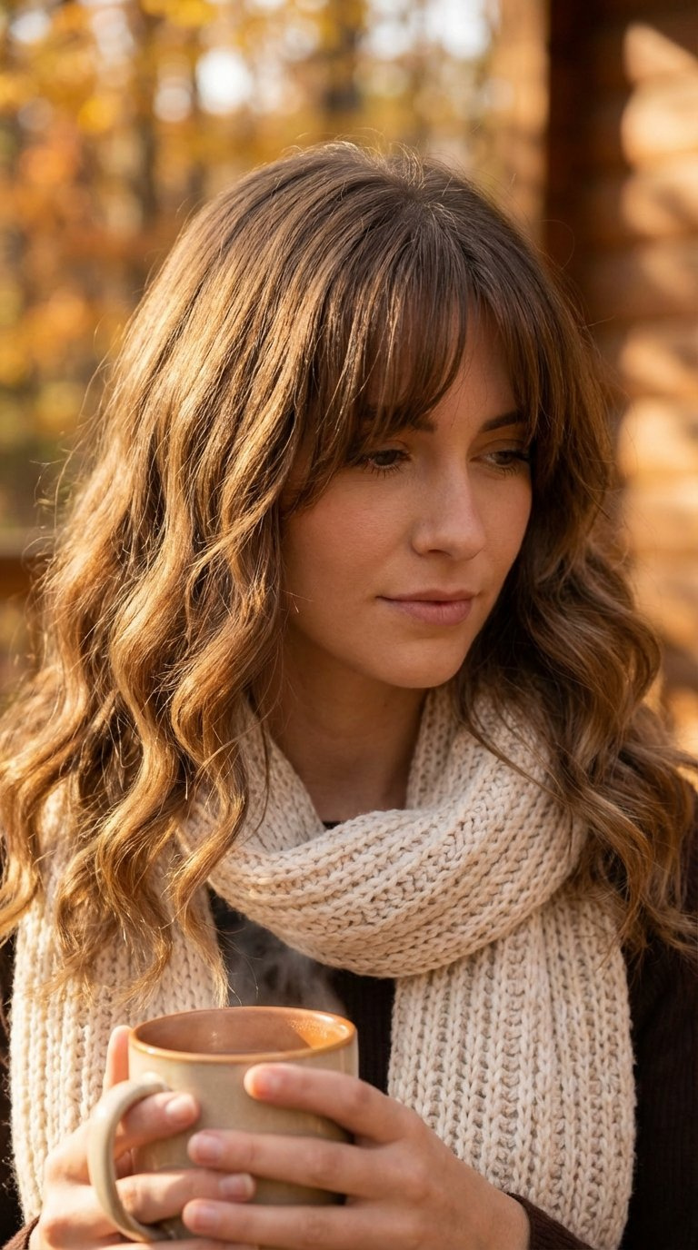 Medium length hair with chic curtain bangs blending into soft waves against outdoor autumn backdrop with golden hour lighting