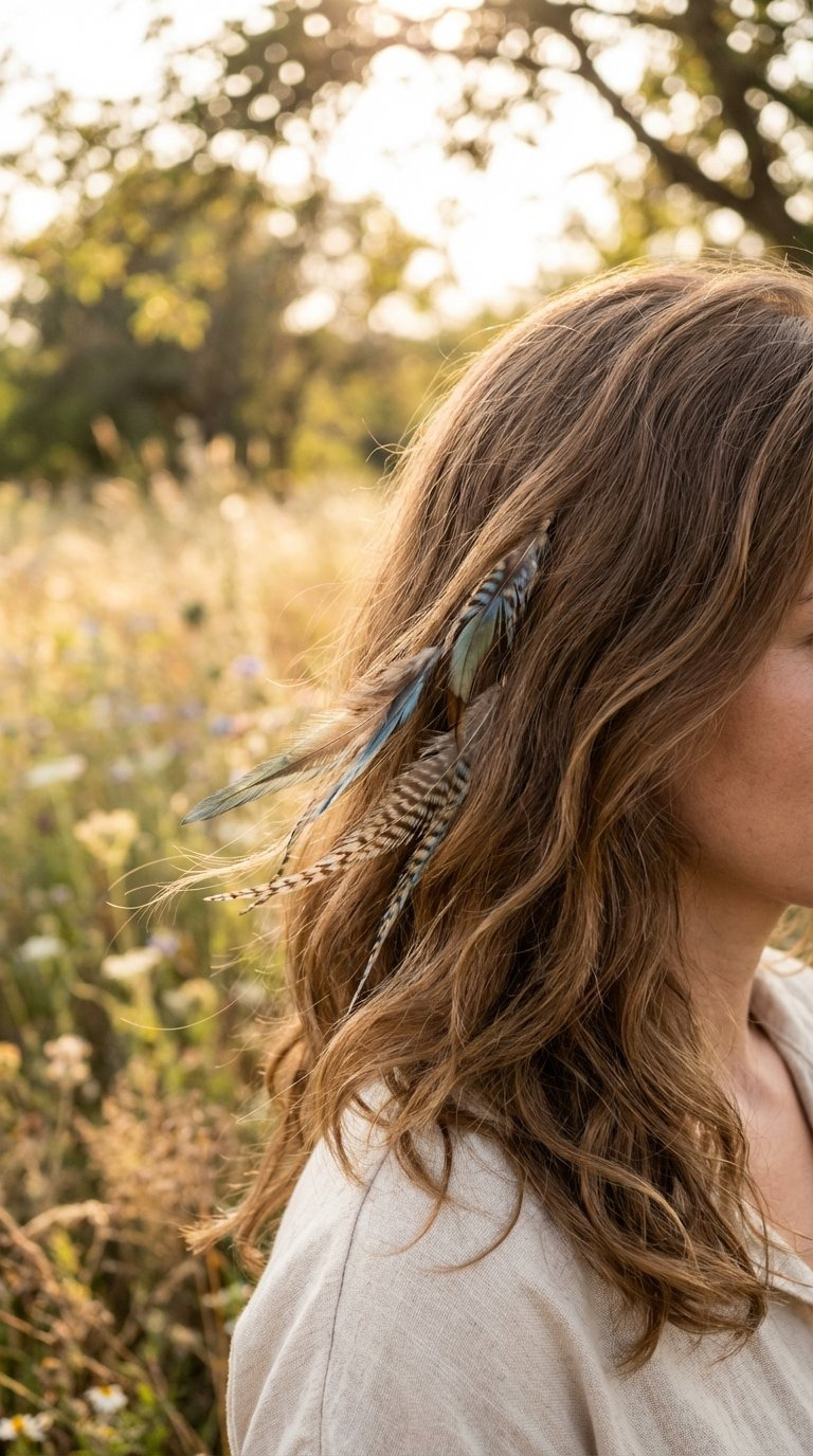 Medium length hair with colorful feather extensions integrated near temple for free-spirited hair styles