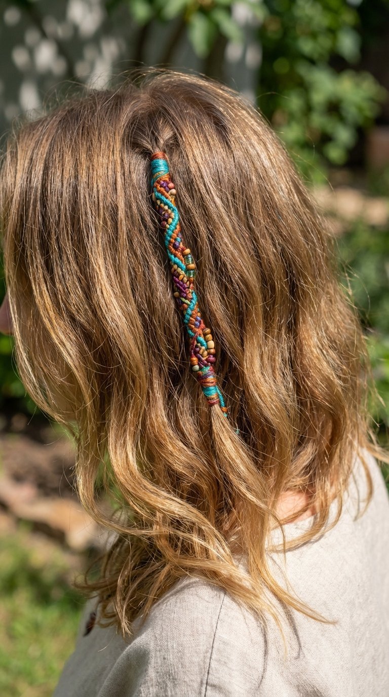 Medium length hair with colorful hippie hair wrap featuring beads and threads as ethnic hair jewelry