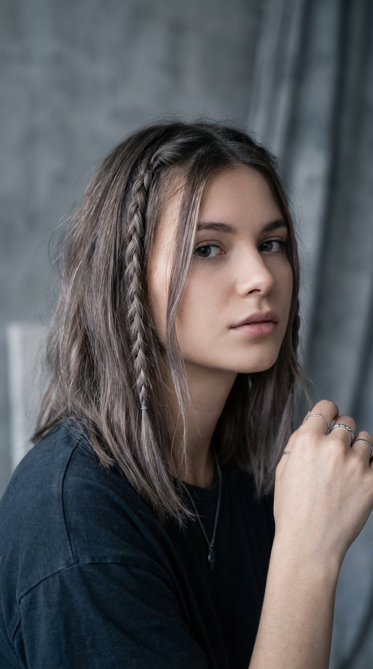 Medium length hair with delicate braided front pieces in cool minimalist studio with natural light