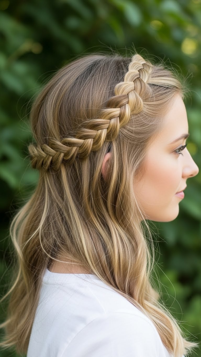 Medium length hair with delicate braided headband hairstyle woven across crown in natural outdoor foliage backdrop